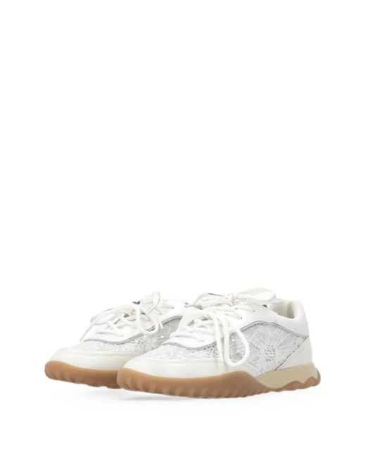 Pinko White Lace-Panelled Sequin-Embellished Sneakers