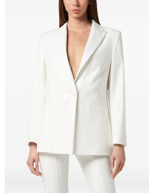 Philipp Plein White Satin-Lapels Embroidered Blazer