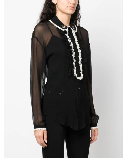 DSquared² Black Ruffled Sheer Silk Blouse