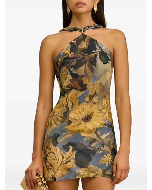 Cult Gaia Green Floral-Print Halterneck Mini Dress