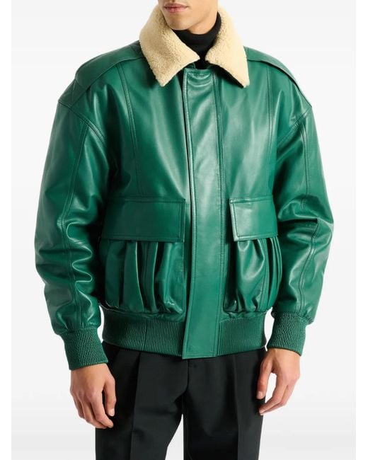 Balmain Green Shearling Leather Bomber Jacket for men