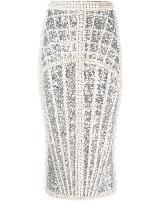 Balmain White Embellished Chiffon Midi Skirt