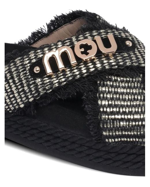 Mou Black Frayed-Strap Platform Sandals