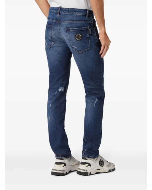 Philipp Plein Blue Paint-Splatter Slim-Fit Jeans for men