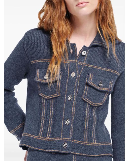 Barrie Blue Contrast-Stitch Knitted Jacket