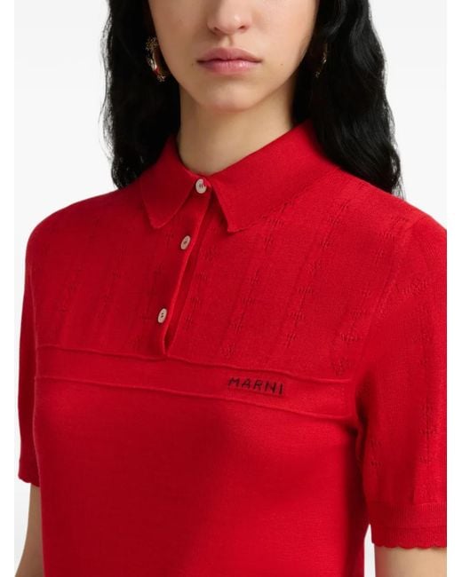 Marni Red Pointelle-Knit Scalloped-Trim Polo Top
