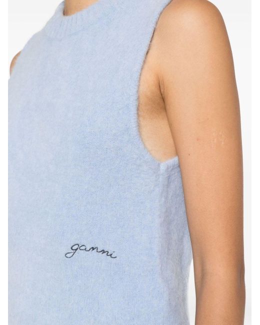Ganni Blue Logo-embroidered Alpaca-blend Vest
