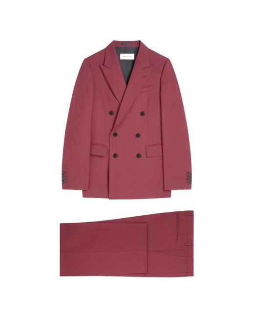 Dries Van Noten Red Double-Breasted Wool Toile Suit for men