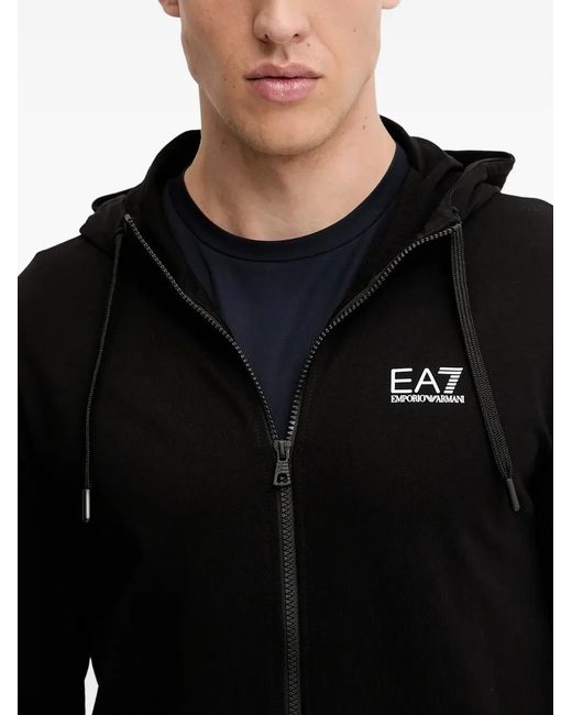 EA7 Black Logo-Detail Zip-Up Hoodie for men