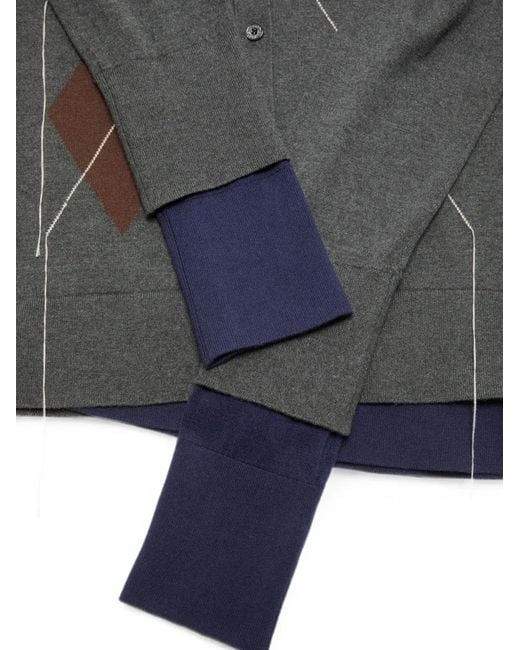 Acne Gray Argyle-Intarsia Layered Cardigan
