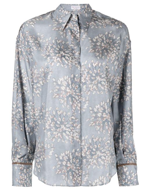 Brunello Cucinelli Gray Broderie Anglaise-print Silk Blouse