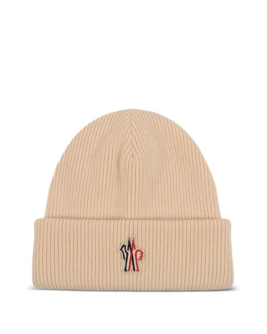 Moncler Natural Ribbed Logo-Patch Beanie Hats