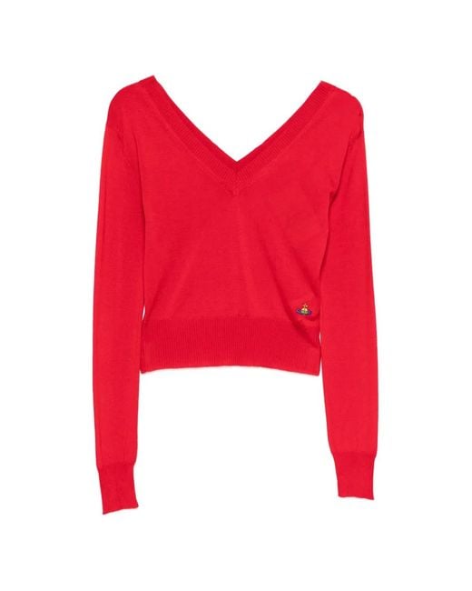 Vivienne Westwood Red Fitted Sweater With Deep V-Neckline And Ribbed Cuffs