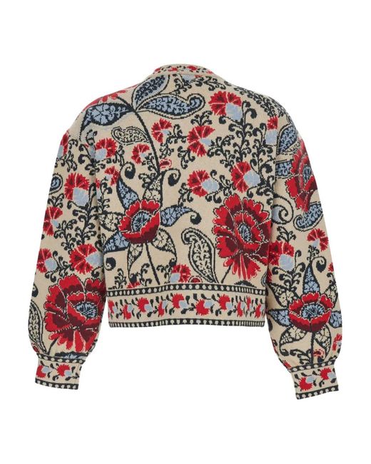 Farm Rio Red Round-Neck Floral-Pattern Cardigan