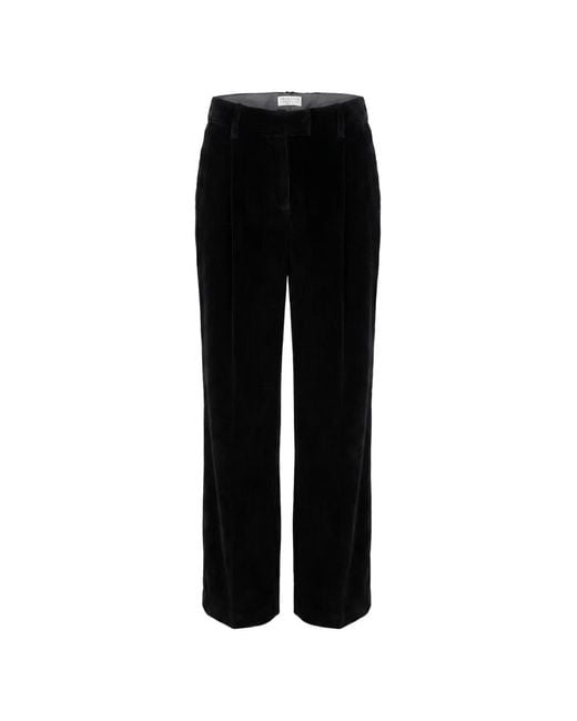 Brunello Cucinelli Black Sparkling Corduroy Loose Pleated Trousers With Monili