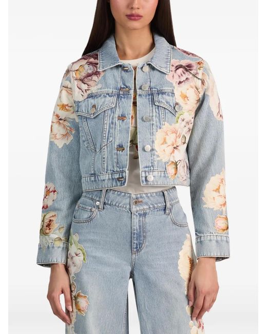 Alice + Olivia Blue Chloe Floral-Print Denim Jacket