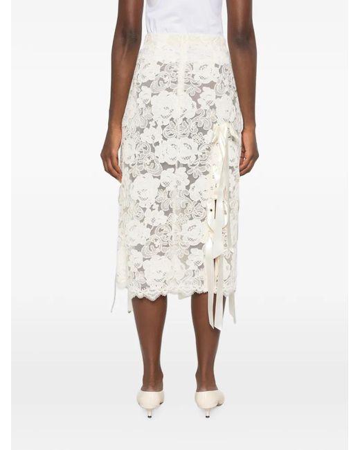 Simone Rocha White Lace-Up Floral-Lace Midi Skirt