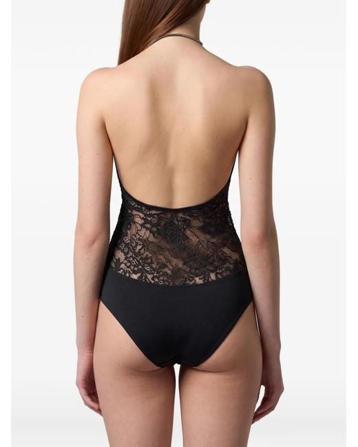 Philipp Plein Black Piercing Collar Open Back Bodysuit Monogram Strass