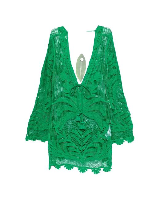 Farm Rio Green Crochet-Knit Tassel-Detail Mini Dress