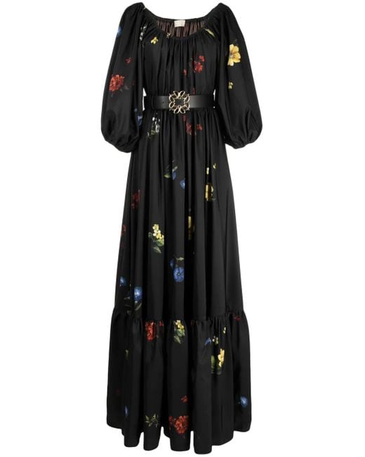 Elie Saab フローラル サテンマキシドレス Black