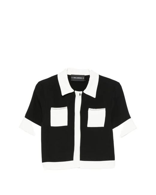 Karl Lagerfeld Black Chain-Link-Trim Contrast-Collar Polo Top
