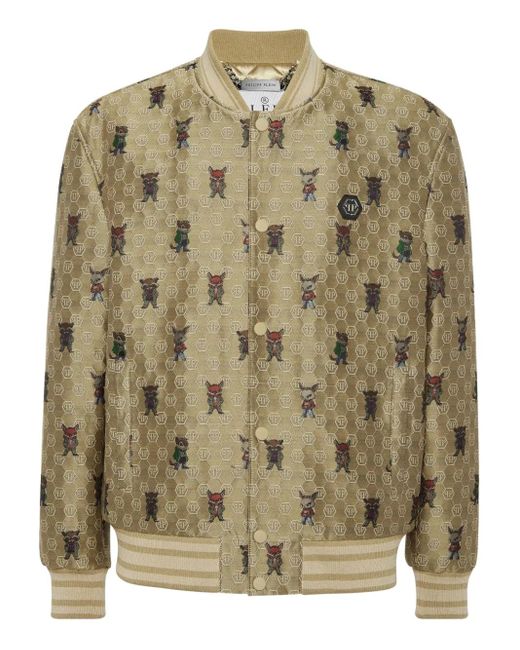 Philipp Plein Green Jacquard Animal-Print Bomber Jacket for men