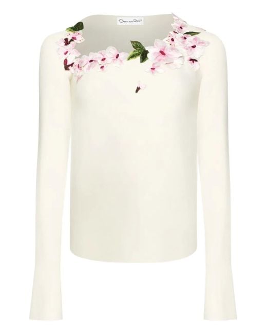 Oscar de la Renta White Floral-Embellished Long-Sleeve Blouse