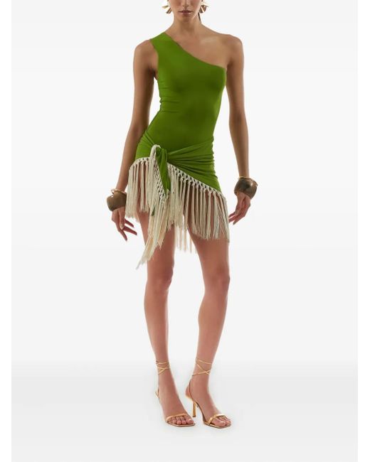‎Taller Marmo Green Yacare One-Shoulder Fringed Swimsuit