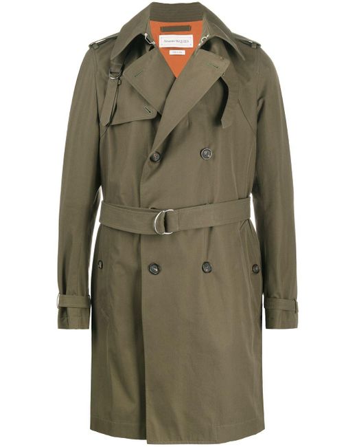 Alexander McQueen Cotton Double-breasted Trench Coat in Green for Men ...