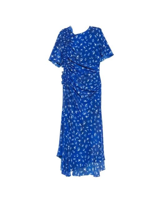 Victoria Beckham Blue Floral-Print Smocked Asymmetric Dress