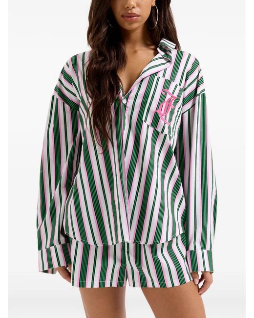 Juicy Couture Green Striped Embroidered-Logo Pajama Shirt