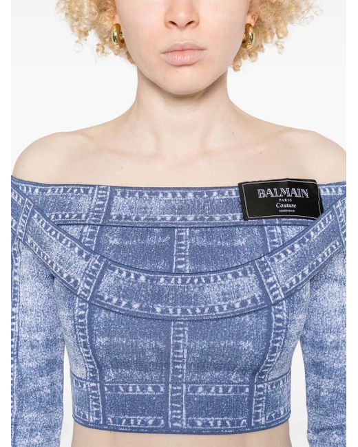 Haut Crop À Imprimé Trompe L'Œil Balmain en coloris Blue