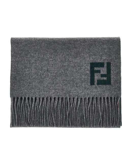 Fendi Gray Logo Fringed Scarf for men