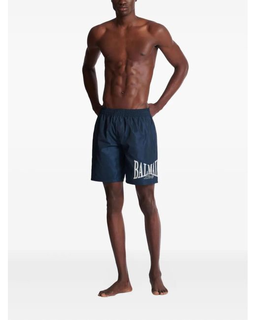 Balmain Blue College-Logo Swim Shorts for men