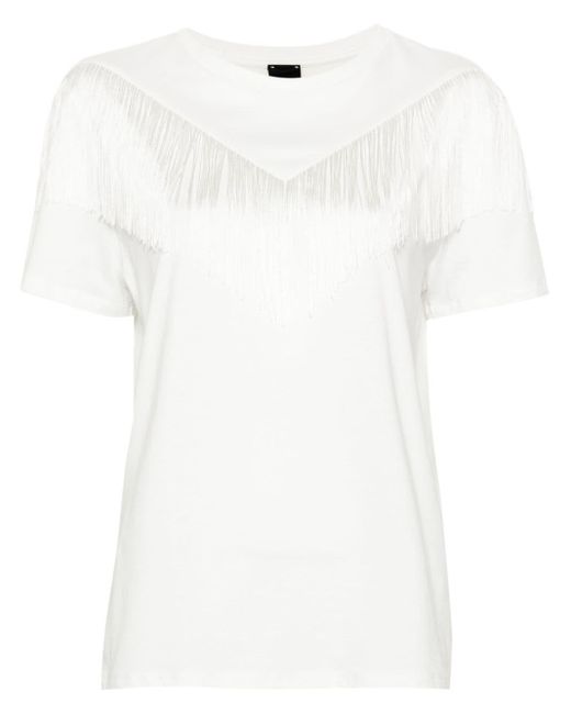 Pinko White Under World Cotton T-Shirt With Fringes
