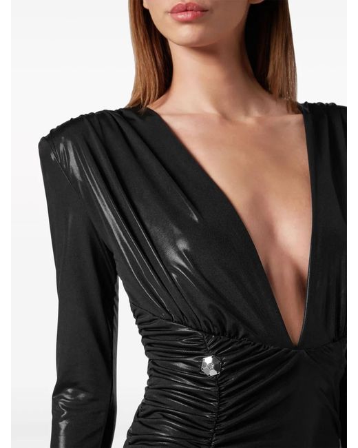 Philipp Plein Black Ruched Lamé-Effect Maxi Dress