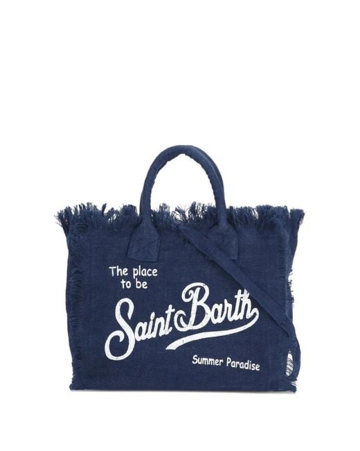 Mc2 Saint Barth Blue Colette Frayed-Edge Logo-Print Tote Bag