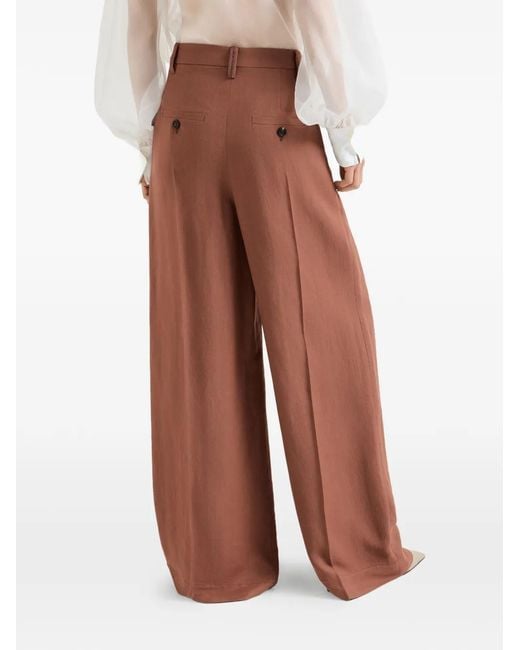Brunello Cucinelli Brown Pantalon Ample En Sergé Fluide De Lin Et De Viscose À Ornements Monili