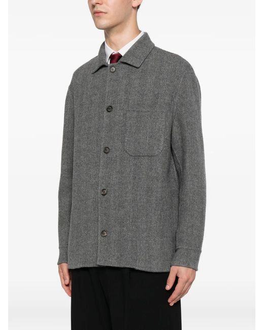 Eleventy Gray Herringbone-Pattern Button-Up Overshirt for men