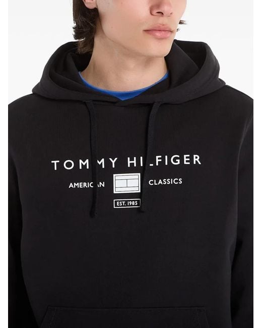 Tommy Hilfiger Black Brand Love Logo-Print Drawstring Cotton Hoodie for men