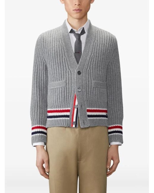 Thom Browne Gray Rwb-Stripe Cashmere Cardigan for men