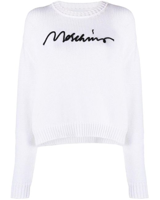 Moschino White Logo-embroidered Ribbed Jumper
