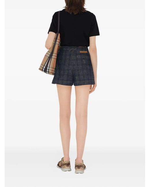 Burberry Blue Belted Check Denim Shorts