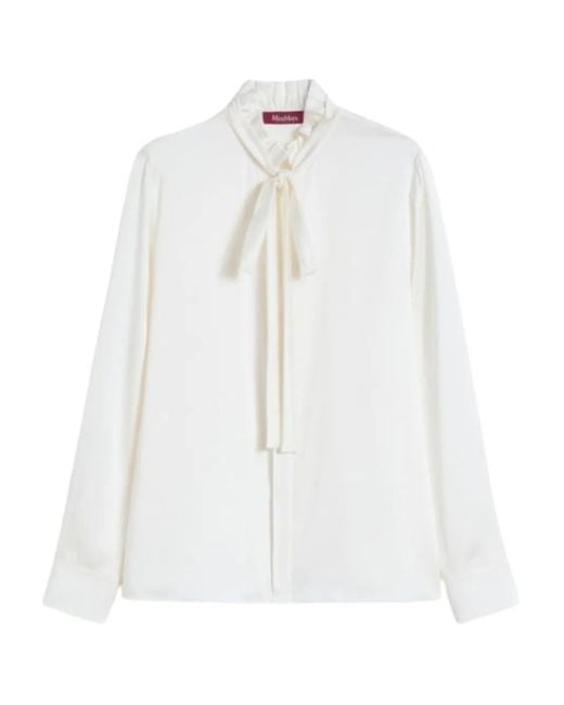 Max Mara White Ruffled Neck-Tie Blouse