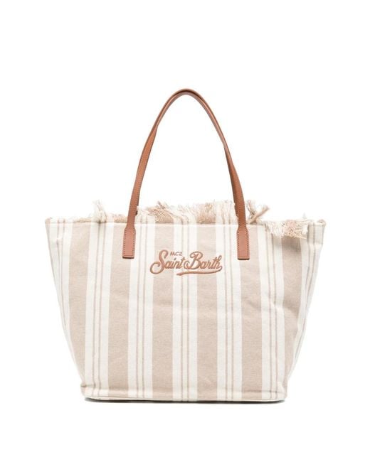 Mc2 Saint Barth White City Striped Fringed Tote Bag