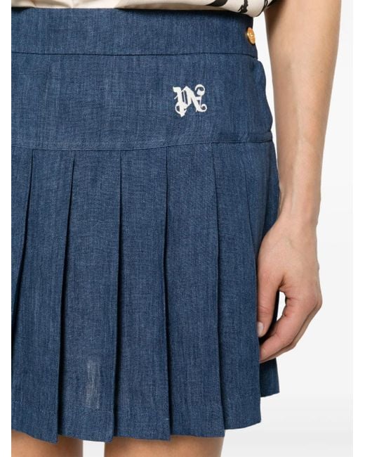 Palm Angels Blue Logo-Embroidered Pleated Skirt