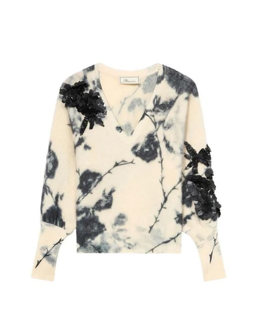 Blumarine White Floral-Print Sequin-Embellished Sweater