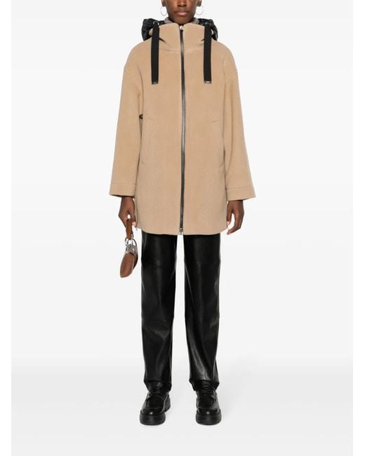 Herno Natural Brown Coat With Padded Hood And Zip Fastening In Wool Woman