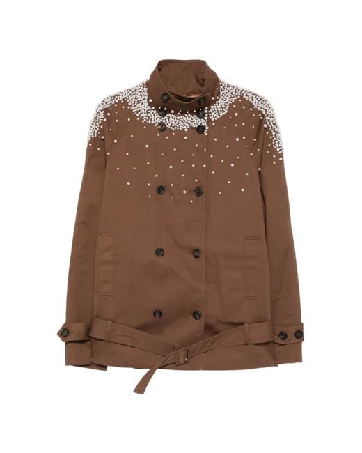 GIUSEPPE DI MORABITO Brown Faux-Pearl Embellished Belted Coat