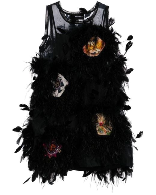 Cynthia Rowley Black Floral-motif Feather Mini Dress